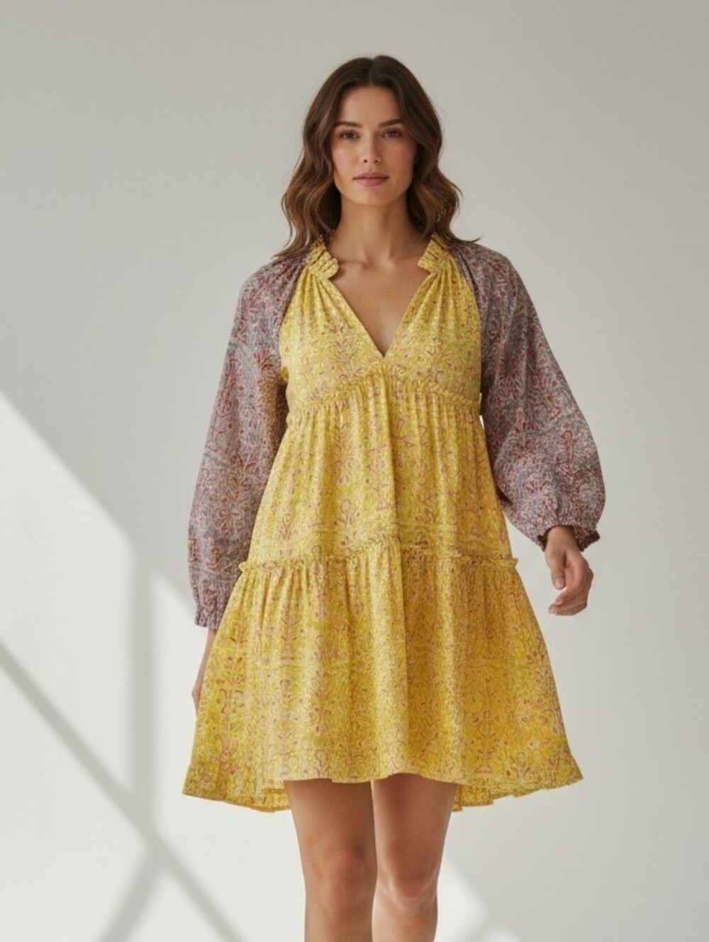 Charina Sarte Yellow Ikat Print Boho Tiered Cotton Dress Size M
